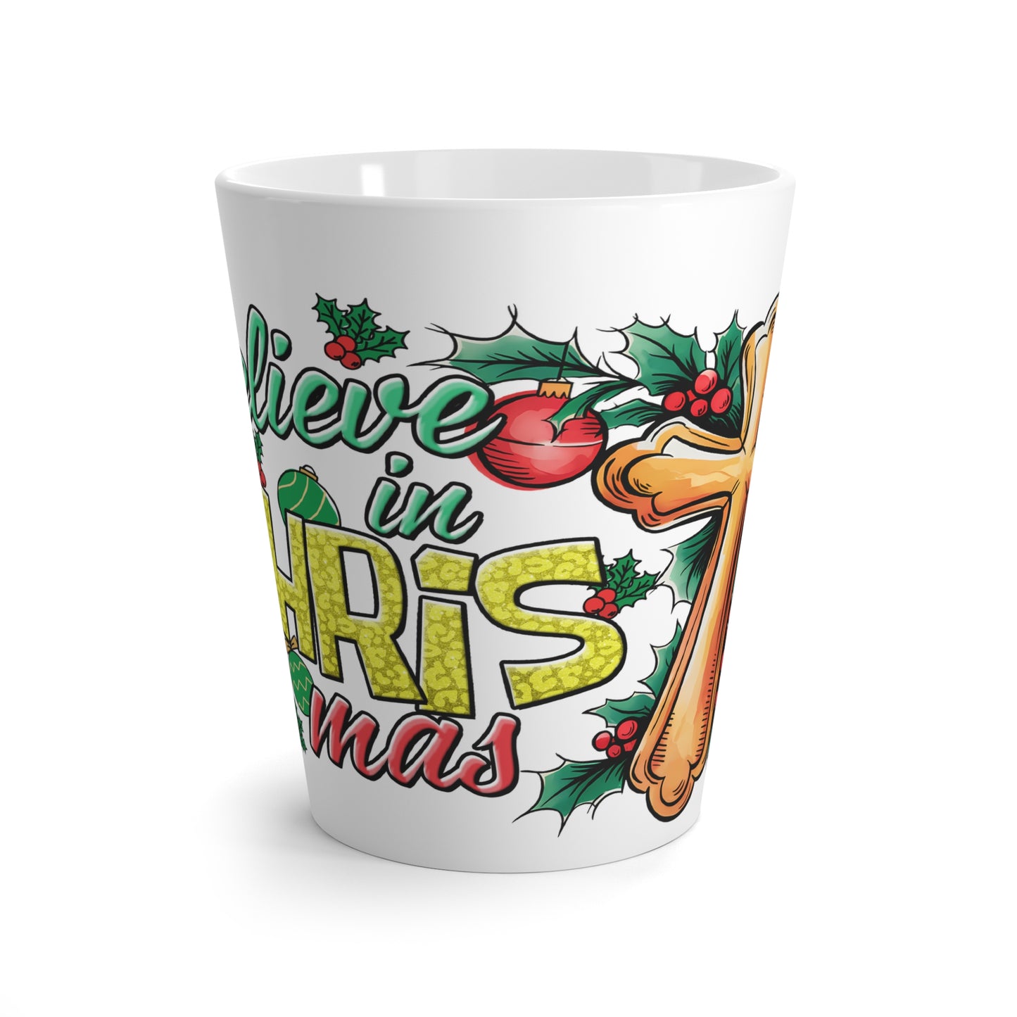 Latte Mug, Christmas Believe Cross Cup, Holiday Coffee Cup, Religious Christ Mug, Inspirational Gift Mug, Festive Drinkware